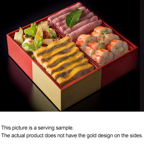 2-Tier Ojyu Box Red x Gold Ichimatsu Design with 4 Inner Compartments & 2 Inner Lids - Image 3