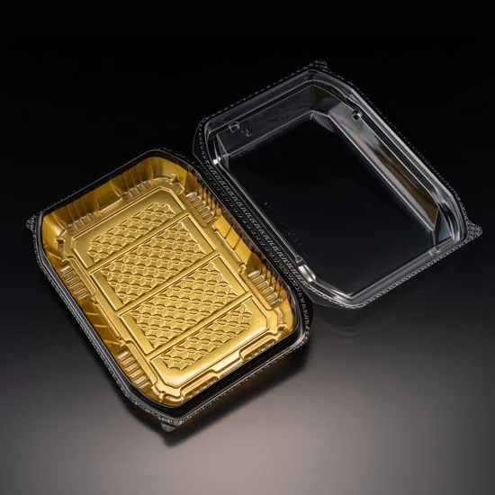 [Clearance] BioPET Neo Shell Hinged Gold Take-Out Sushi Tray 8.2" x 5.8" (300/case)