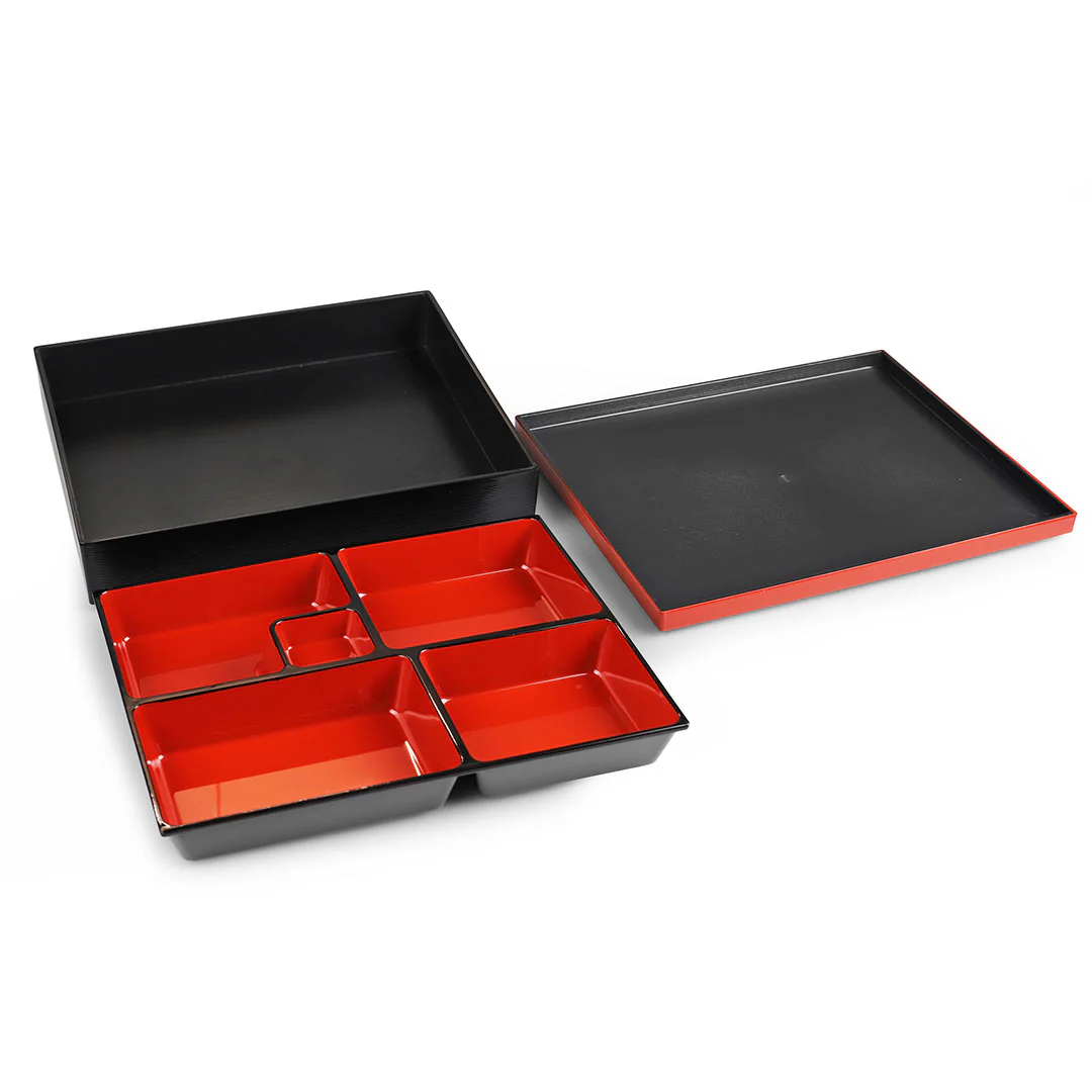 Black Rectangular Shokado Bento Box Red Inner 12.4" x 10.25" - Image 4