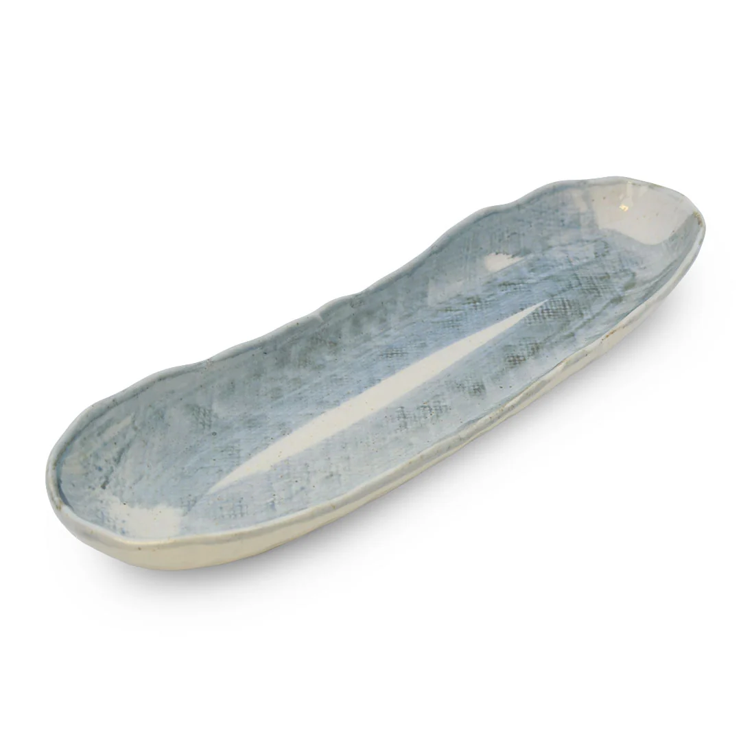 Light Blue Brushstroke Rounded Long Plate 13" x 4"