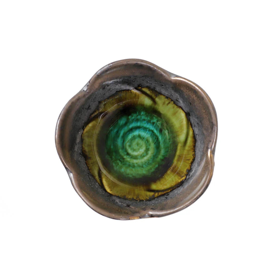 Bronze x Oribe Green Ume Flower Shaped Kobachi Appetizer Bowl 4.5 fl oz / 3.9" dia - Image 2