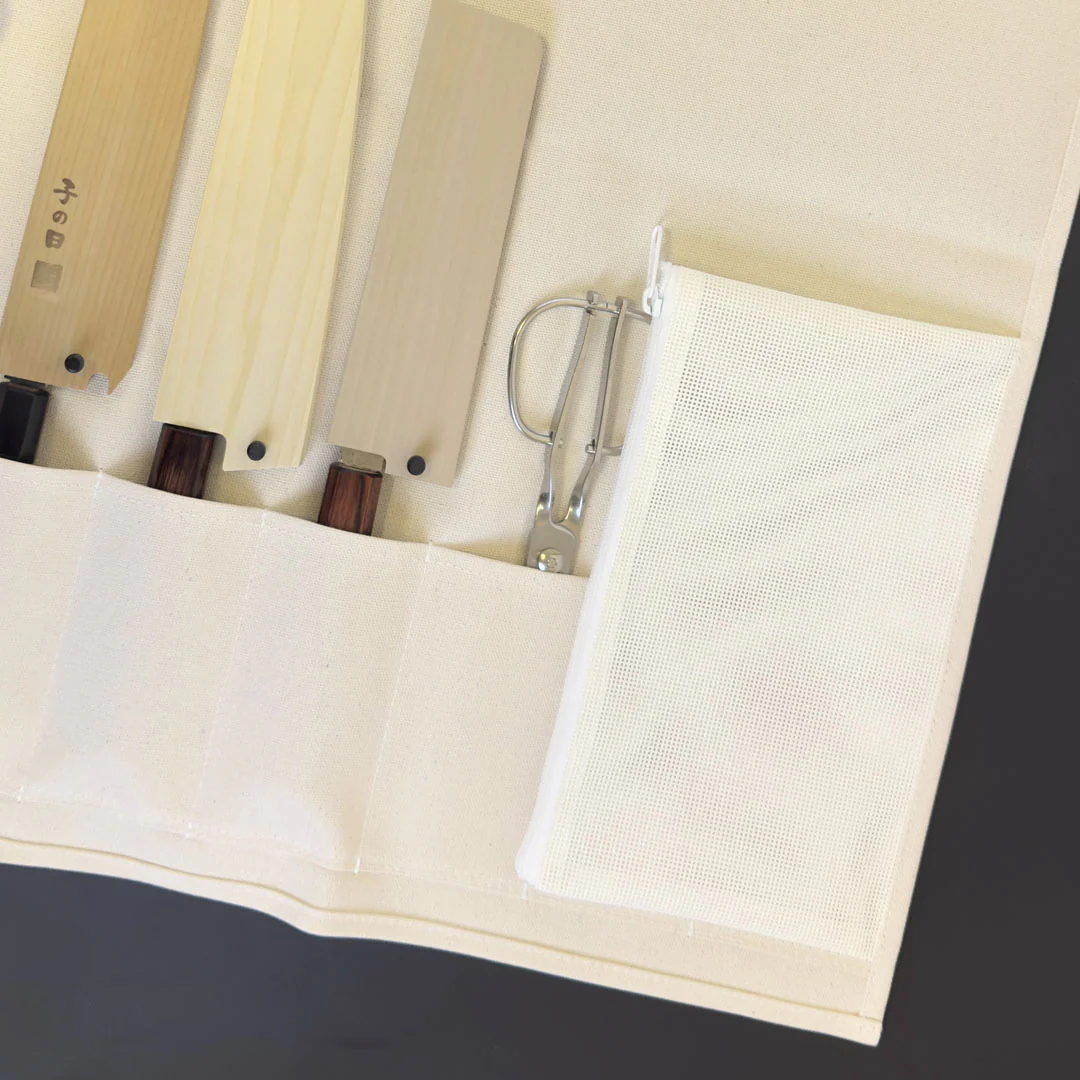 Canvas 6 Slots Knife Roll with Utility Pouch - Natural White - Image 6