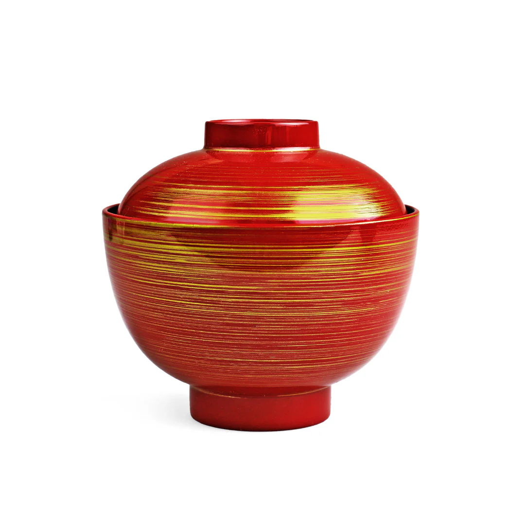 Gold Brushstroke Red Miso Soup Bowl with Lid 8 fl oz / 4.1" dia