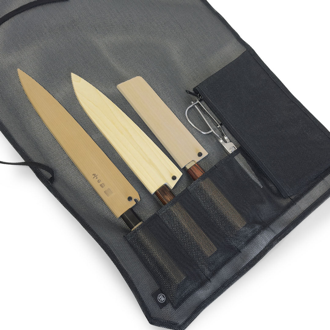 Mesh 6 Slots Knife Roll with Utility Pouch - Jet Black - Image 11