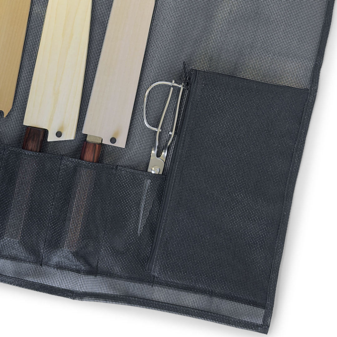 Mesh 6 Slots Knife Roll with Utility Pouch - Jet Black - Image 5
