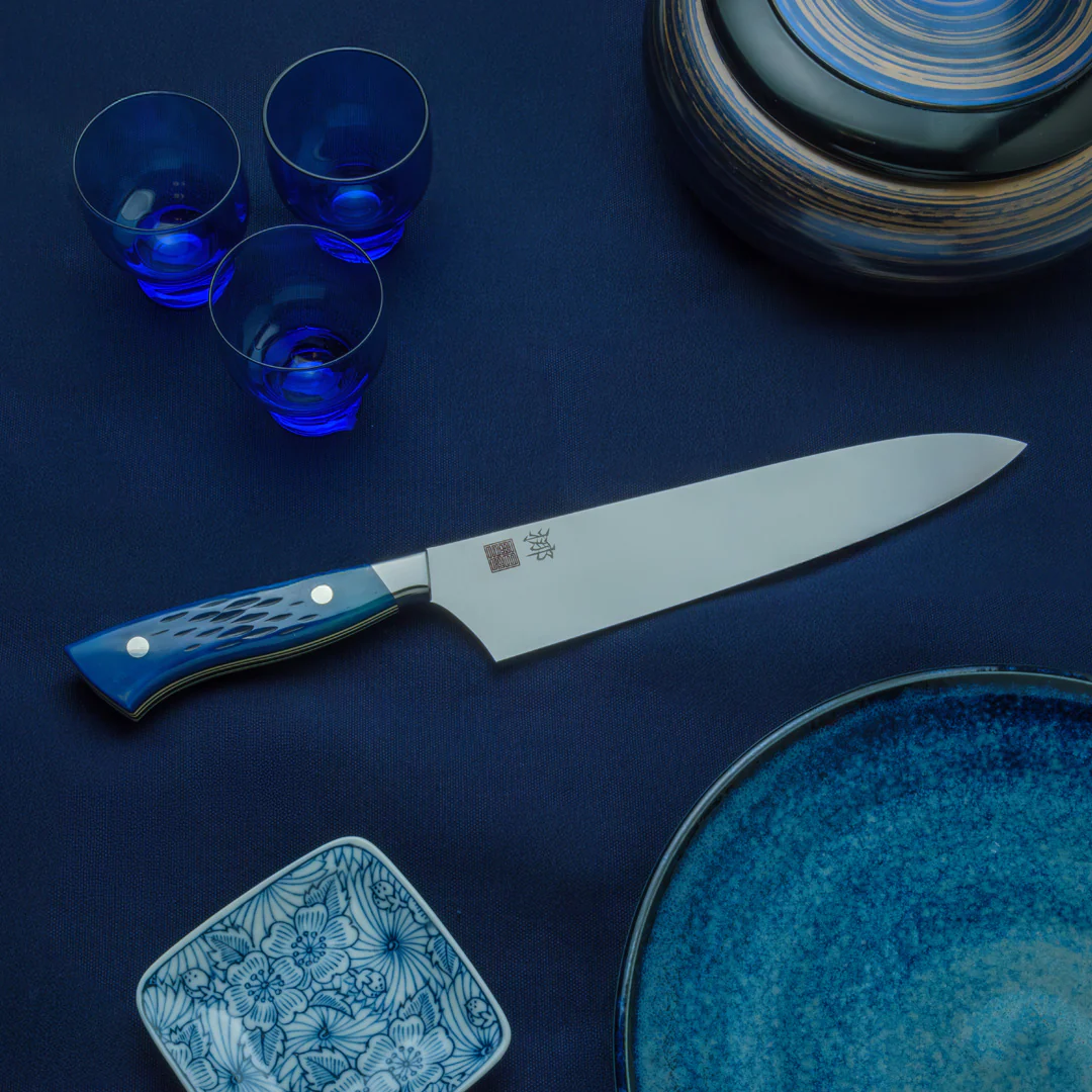 Nenohi Nagi Gyuto 210mm (8.2") Blue Jigged Bone Handle with Saya Cover - Image 3