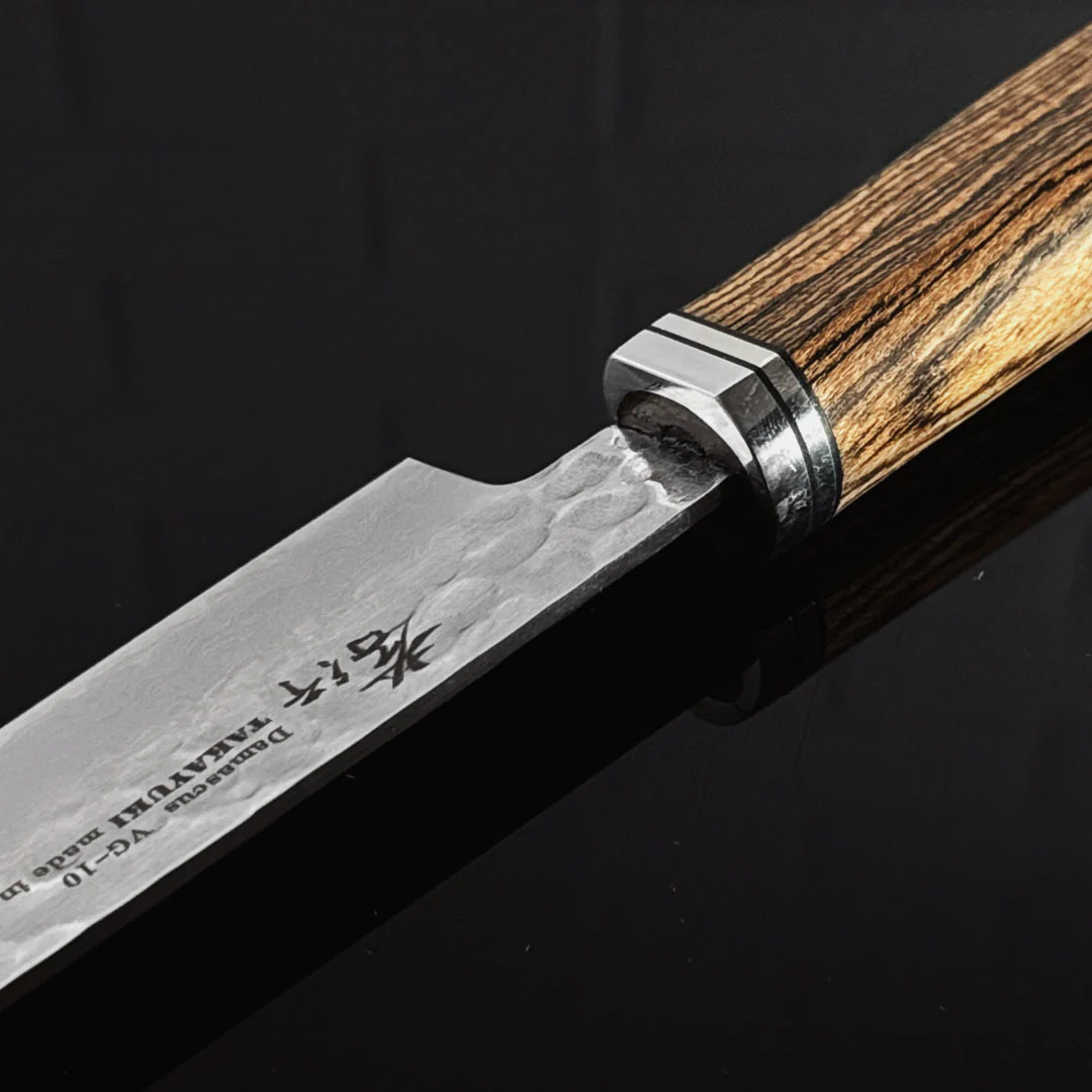 Sakai Takayuki Damascus Hammered VG-10 Petty 180mm (7.1") with Ougon-Dan Handle - Image 8
