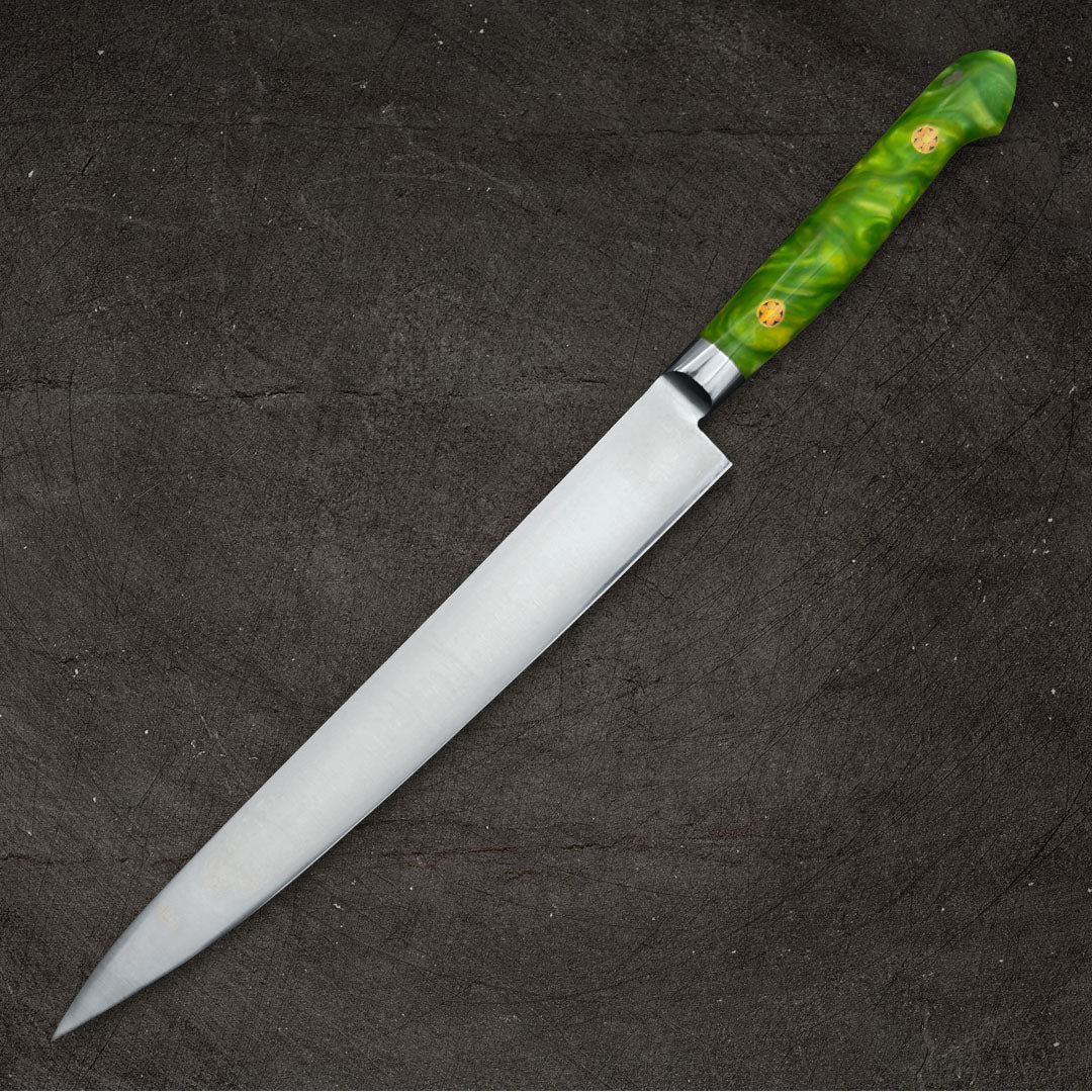 Sakai Takayuki Grand Chef SP Type III Sujihiki 240mm (9.4") Jungle-Green Stabilized Hybrid Resin Handle - Image 7