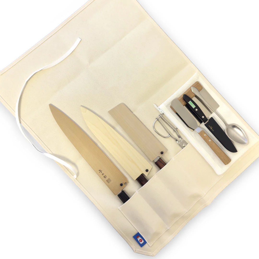 Canvas 6 Slots Knife Roll with Utility Pouch - Natural White - Image 2