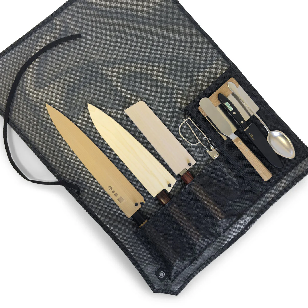 Mesh 6 Slots Knife Roll with Utility Pouch - Jet Black - Image 2